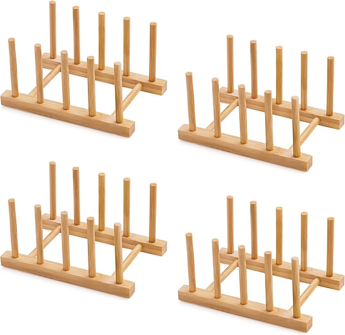 Bamboo Dish Drying Rack for Kitchen Counter and Cabinet, Dish/Book/Plate/Bowl/Cup/Cutting Board/Pot Lid Organizer for Kitchen, Living Room, Study, Display Cabinet (4 Slots)