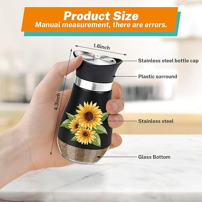 Sunflower Salt and Pepper Shakers Set - 4oz Farmhouse Kitchen Gadget and Accessories Sunflower Gifts for Decor Cooking Table,Housewarming,Thanksgiving,Christmas (Black + White)