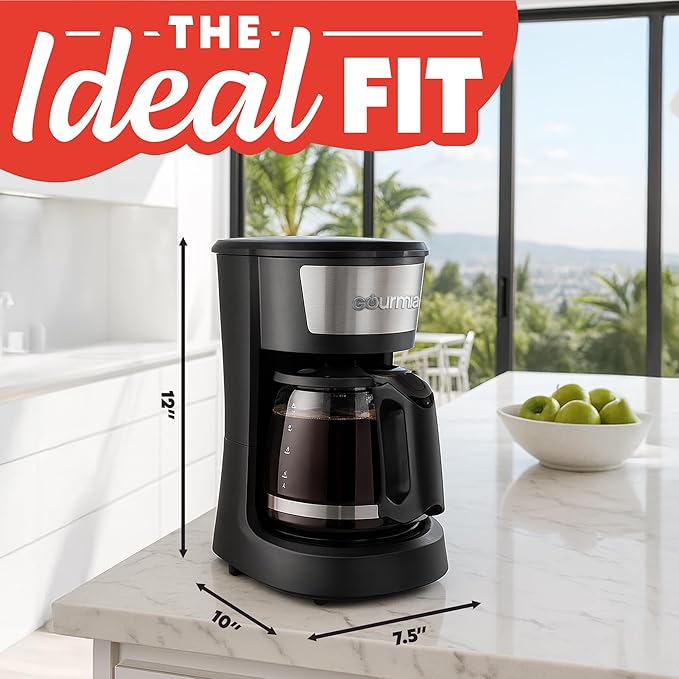 Gourmia 12 Cup One-Touch Coffee Maker – Pause and Serve with Automatic Keep Warm, Easy View Water Window, Compact Design, Stainless Steel Accents, Black
