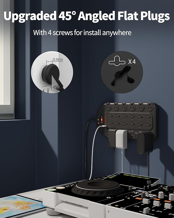 DEPOW 6.5 Ft Power Strip Surge Protector with 24 AC Outlets (1875W/15A) 6 USBs (2 USB-C Ports), 3,400 Joules, Heavy Duty Flat Plug Extension Cord, Wall Mountable for Home, Office, Black, ETL Listed