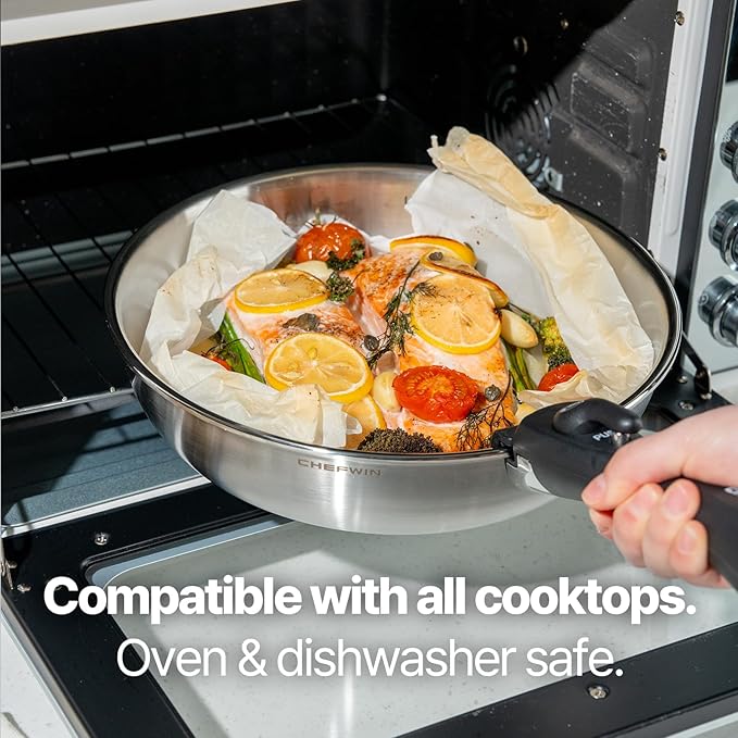 316 Stainless Steel Removable Handle Cookware, 5-Ply Stackable Cookware Set, 6-Piece Pans with Universal Lid, Induction Compatible, Oven & Dishwasher Safe