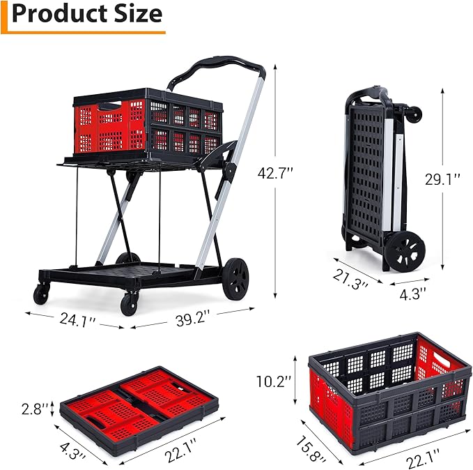 2-Tier Folding Shopping Cart with Wheels, Collapsible Grocery Cart with Removable Crate, Portable Shopping Trolley for Home, Groceries, Garden-Red