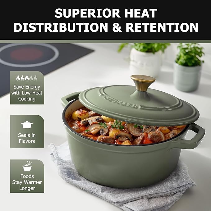 MUELLER HOME 7.5 Quart Enameled Cast Iron Dutch Oven For Sourdough Bread Baking, Heavy-Duty, Oven-Safe up to 500° F & Across All Cooktops, Casserole Dishes, Green Kitchen Accessories, Thyme Green | For Sourdough Bread Baking, Heavy-Duty, Oven-Safe up t...