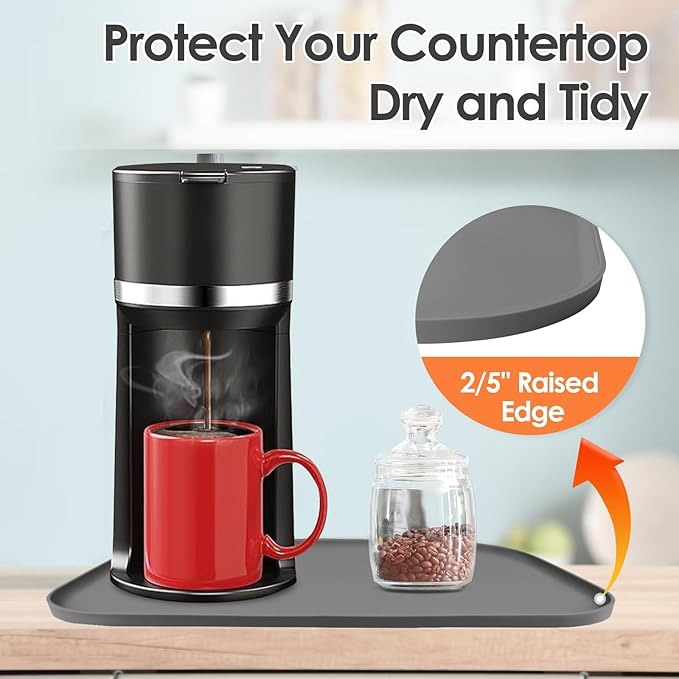 TOHONFOO Silicone Coffee Maker Mat with Lip, 24'' x 16'' Heavy Duty Coffee Maker Mat for Countertops, Coffee Tray Fit Under Coffee Machine Appliance Automatic Machines Espresso Accessory, Grey