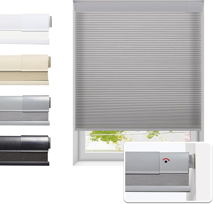 Tonature No Drill Cellular Shades for Indoor Windows, Thermal Insulating & Noise Reducing Honeycomb Blinds, Cordless Free Stop Blinds Light Filtering, Grey,31 1/2" W x 64" H