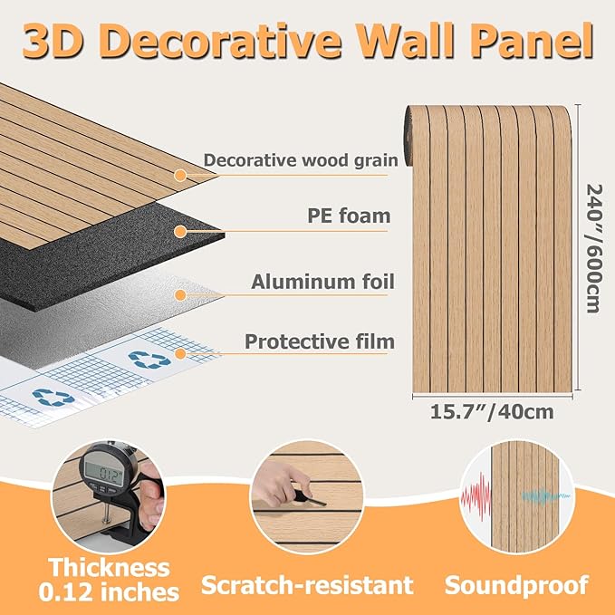Arthome Peel and Stick Slat Wall Panels 15.7 "x240,Self-Adhesive PVC Wood Grain Wallpaper Panel,3D Thick Faux Soundproof Backsplash Accent Wall Tile for Walls & Furniture (Oak- Coverage 26 Sq.ft)