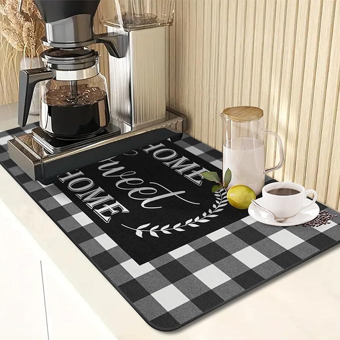 Arttown Coffee Mat for Countertops, Black White Grey Buffalo Grid Dish Drying Mat 2 Pcs for Kitchen Bar Accessories, Fit Under Coffee Maker Espresso Machine Dish Rack Hide Stain Rubber 12x19in