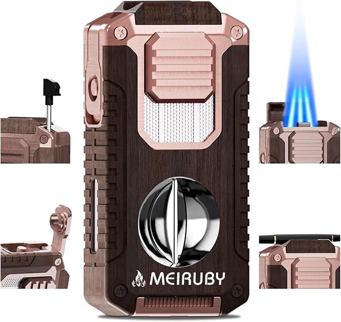 Stocking Stuffers Gifts for Men, 5-in-1 Butane Torch Lighter, Refillable Jet Flame Lighter with V-Cutter, Punch, Holder and Draw Tool, Multi-Functional Accessories Gift for Men, Dad, Husband, Friend
