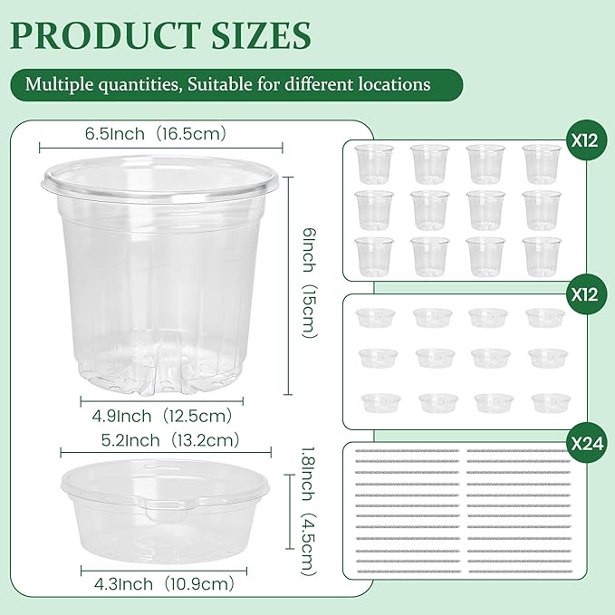 Bluepro Self Watering Pots for Indoor Plants, 6.5 Inch, 12-Pack | Clear Plastic, Reservoir Trays and Wicks, Up to 7-Day Water Supply, Root and Water-Level Visibility, Flexible, Reusable