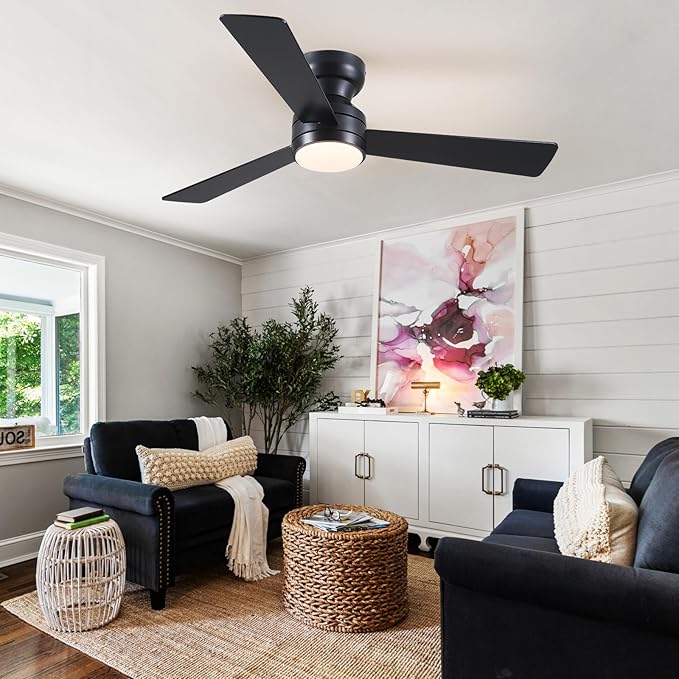 Asyko Ceiling Fans with Lights,46" Low Profile Ceiling Fan with Light and Remote Control,Flush Mount, Reversible, Dimmable, Noiseless, Black Ceiling Fan for Bedroom