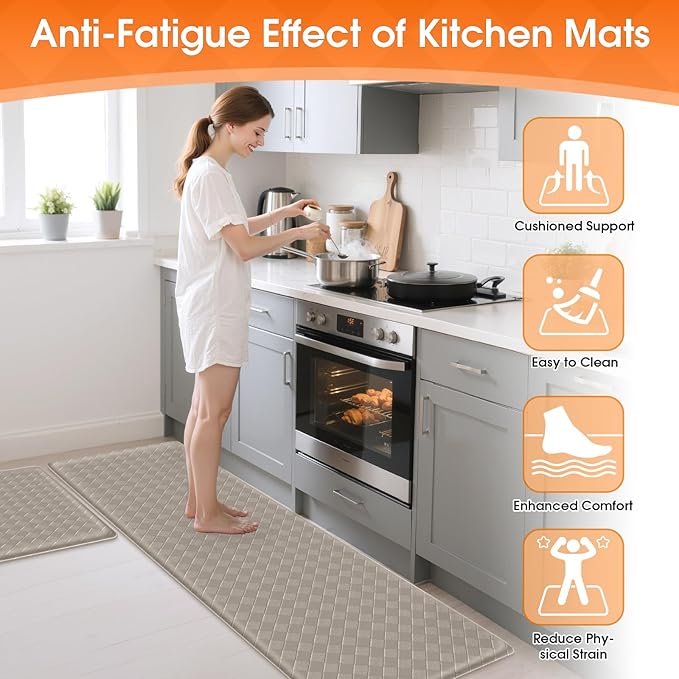 TranquilRelax Kitchen Mats, 2PCS Kitchen Rugs, Cushioned Anti Fatigue Kitchen Mats for Floor, Non-Slip Standing Desk Mat, Waterproof Kitchen Rug Set for Kitchen Floor Office,17.3"×30"+17.3"×59" Brown