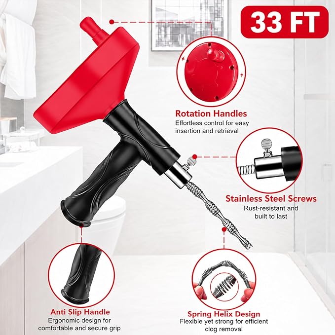 Drain Snake Auger 33 Ft, Plumbing Snake Drain Hair Clog Removal Tool, Heavy Duty Snake Auger, Sink Unclogger Drain Cleaner Tool for Bathroom Kitchen Tub Shower Drain Clog Remover with Gloves, Red
