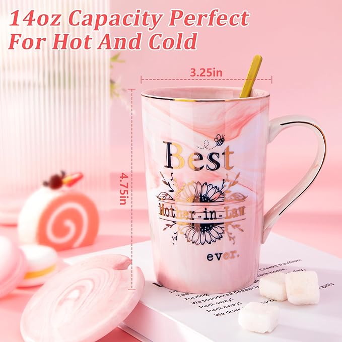 Mother in Law Birthday Gifts, Best Mother In Law Ever Mug, 14oz Pink Marble Mom Mug with Gold Print, Mom Gifts from Daughter-In-Law or Son-In-Law, Wedding Valentine Coffee Cup Present, Nice Gift Boxed