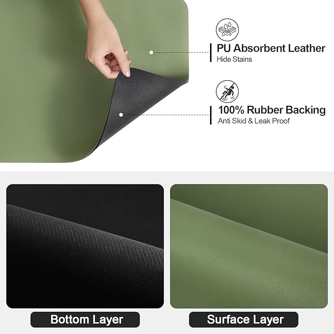 Ecotrim Absorbent Coffee Mat , Stain Hiding PU Leather Surface, Non-Slip Natural Rubber Backing, Quick Dry Mat for Espresso Machine, Kitchen Counter ,Green | 12" x 19"