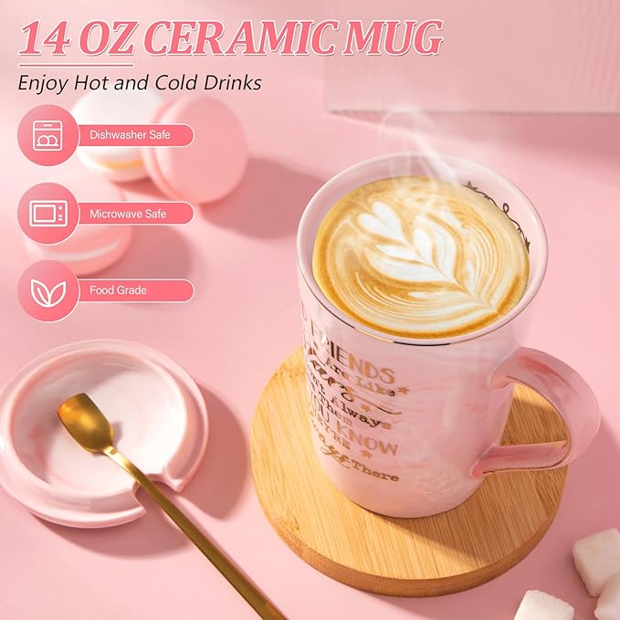 Best Friend Birthday Gifts for Women, Valentines Friendship Gifts for Women - Good Friends are Like Stars - Funny 14Oz Pink Ceramic Gold Print Mug, Presents for BFF, Sisters, Besties, Nice Gift Boxed