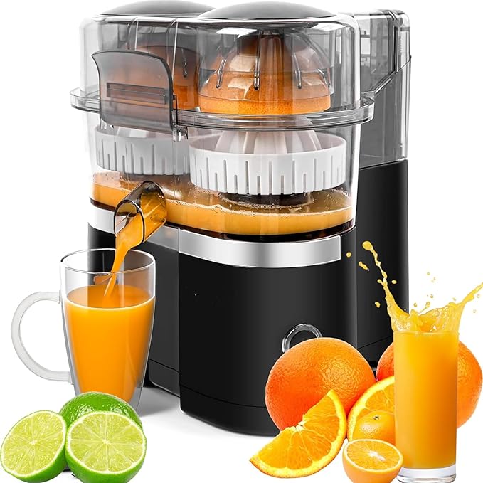 Dual-head Electric Citrus Juicer, 400Ml Twin Citrus Juice Maker with Built-in Safe Fruit Cutter, 8-Blade Pulp Slot, Max Speed 18000 Rpm
