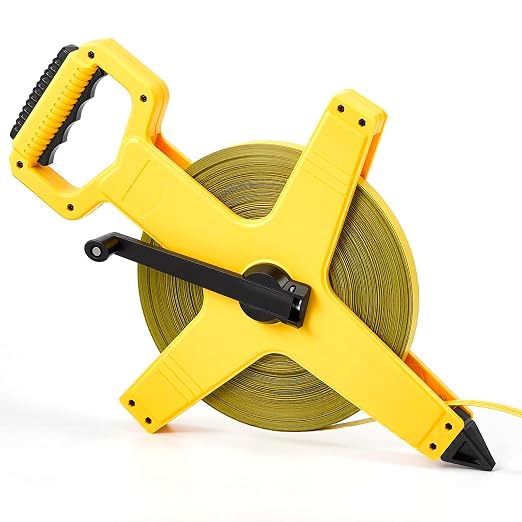 328ft/100m Open Reel Long Tape Measure, 1/2" Nylon-Coated Steel Blade, Dual Inch/Metric Scales, ABS Impact-Resistant Case for Construction, Surveying Light Yellow