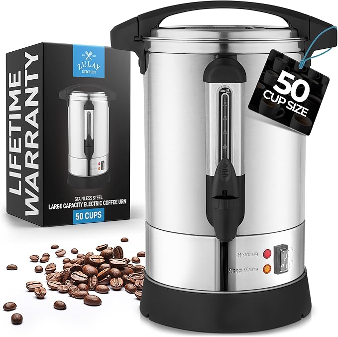 Zulay Kitchen 50 Cups Commercial Grade Coffee Maker Hot Water Urn - Percolator With Double-Wall Stainless Steel, Quick Brew, Stays Hot for Tea & Beverage at Events & Catering - Silver