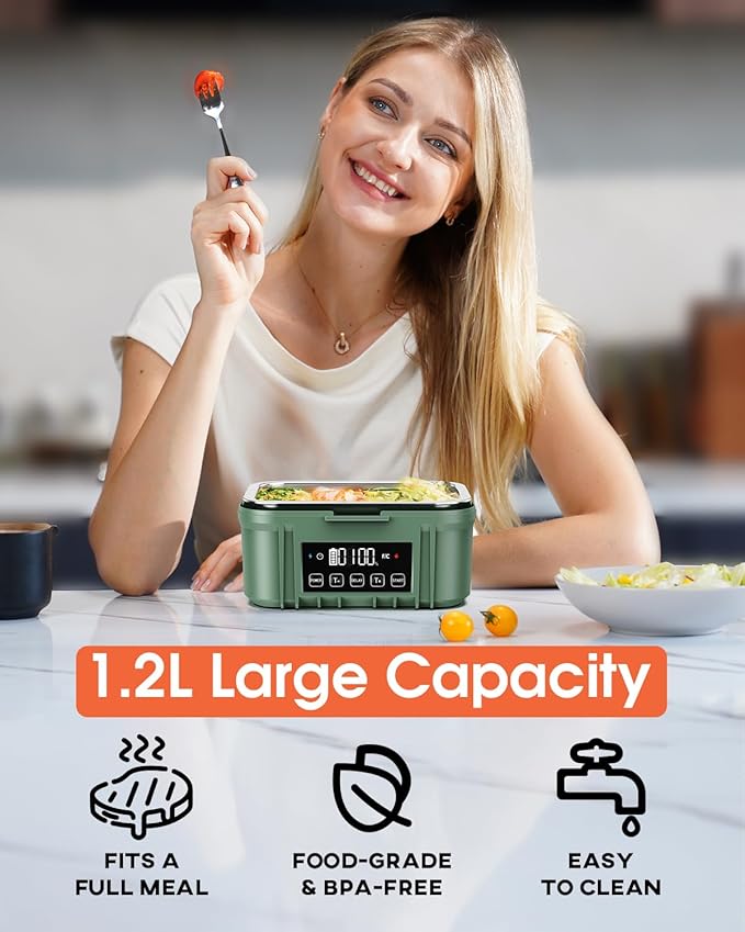 Cordless Electric Lunch Box for Adults – Battery-Powered Heated Lunch Box with 1.2L Stainless Steel Container, Timer Function, and Leak-Proof Food Warmer for Work, Travel & Office(Pine Green)