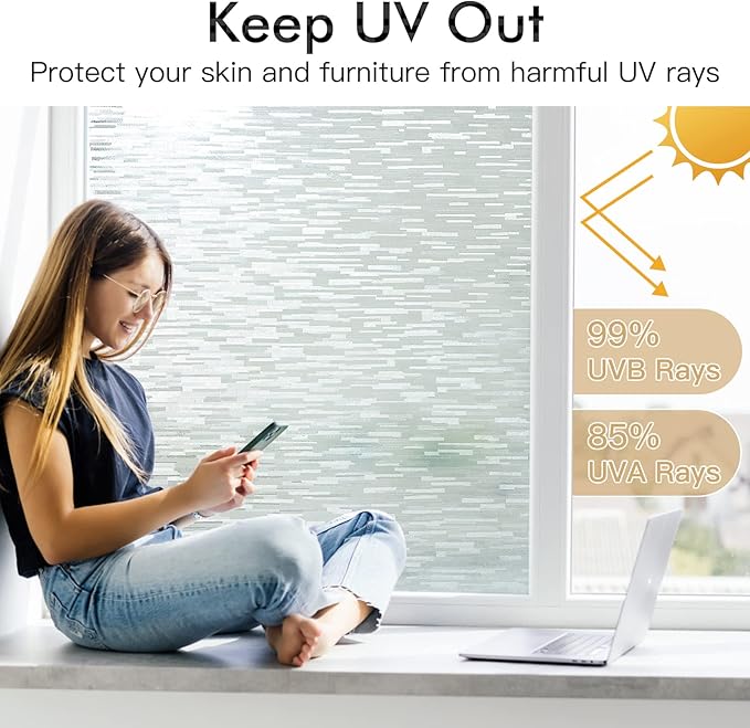 Haton Window Privacy Film, Frosted Glass Film, Sun Blocking Static Cling for Bathroom & Office, Heat Control Anti Glare Removable, UV Rejection Non-Adhesive Covering for Home, 11.8" x 157.4"
