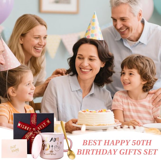 ALBISS Funny 50th Birthday Gifts for Women, 14oz Pink Marble Ceramic Coffee Mug with Gold 49+1 Sassy Hand Design, Elegant Turning 50 Gift for Her, Greeting Card & Gift Box Included