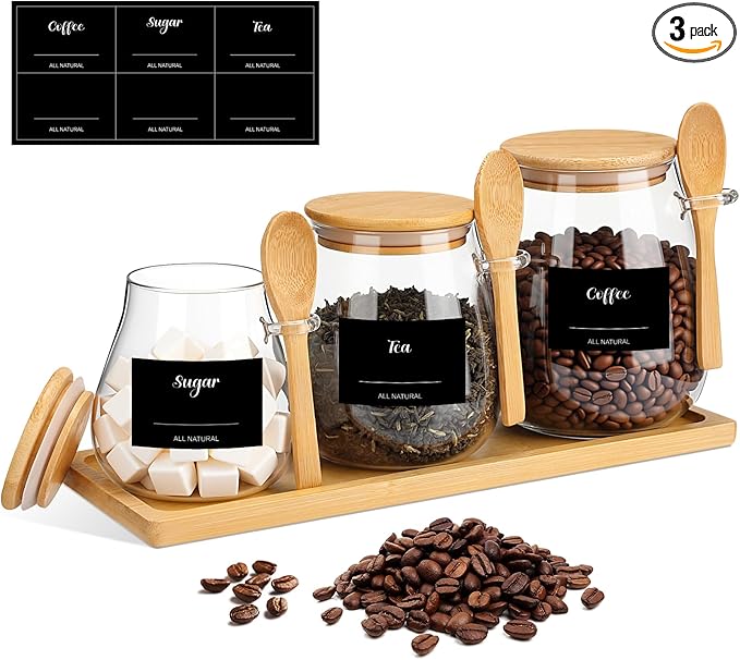 Suclain 3 Pcs Glass Coffee Container with Wooden Lid Spoon Tray Shelf Labels Clear Airtight Glass Jar Storage Container Set for Coffee Beans Tea Leaves Grains Dried Fruits Sugar Spice (16oz 28oz 38oz)