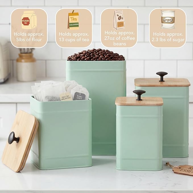 PERFNIQUE Kitchen Canisters, Airtight Canister Sets of 4 for Kitchen Counter, Sage Green Kitchen Accessories, Coffee Tea Sugar Flour Spice Tin Jars Food Storage (Sage Green)