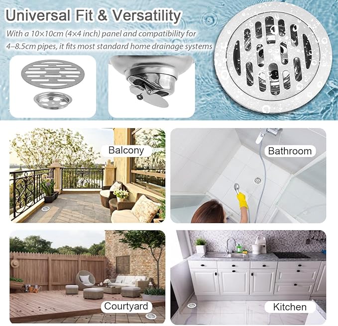 Odor Proof Floor Drain 4 Inch, Round Shower Drain Backflow Preventer, Quick Drainage Design, Stainless Steel