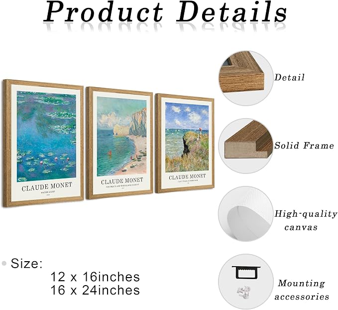 JLTULT 3 Piece Framed Vintage Claude Monet Canvas Wall Art, Impressionism Landscape Wall Decor, The Cliff Walk at Pourville Water Lilies Prints for Living Room Bedroom Office 12x16 in Easy to Hang