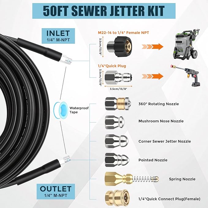 Sewer Jetter Kit for Pressure Washer 50FT, 5800 PSI Power Washer Drain Jetter Cleaner Hose with 1/4 Inch NPT Corner Rotating Nozzle and 4 Different Button Hose Sewer Jet Nozzles Cleaning Sewage Pipes
