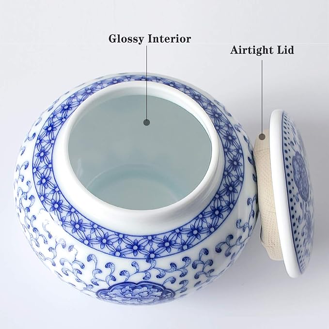 Dahlia Blue and White Porcelain Tea Canister for Loose Tea, Airtight Jingdezhen Tea Caddy, Lotus 600 ML