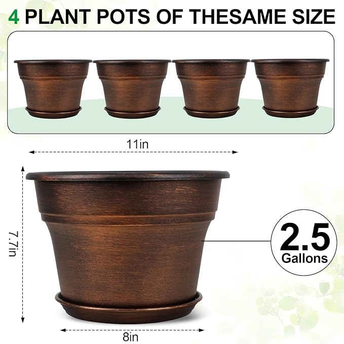 Plant Planters Pots Set of 4 Pack 11 Inch, Plastic Flower Pot For Indoor Plants With Drainage Holes & Trays, Resin Decorative Container Sets With Saucer For House Outdoor Garden Planters Copper