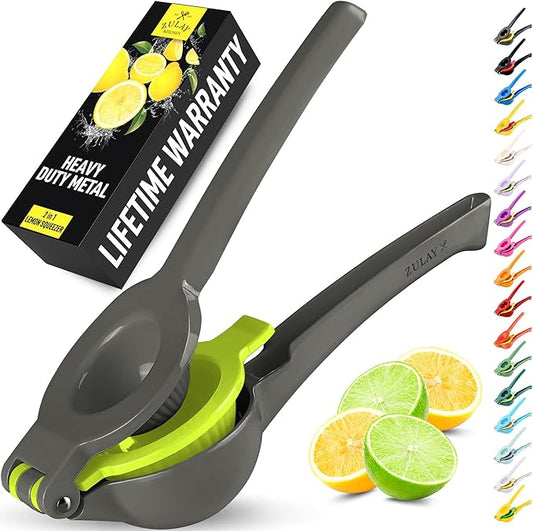 Zulay Kitchen Metal 2-in-1 Lemon Squeezer - Sturdy Max Extraction Hand Juicer Lemon Squeezer Gets Every Last Drop - Easy to Clean Manual Citrus Juicer - Easy-Use Lemon Juicer Squeezer - Gray/Lime
