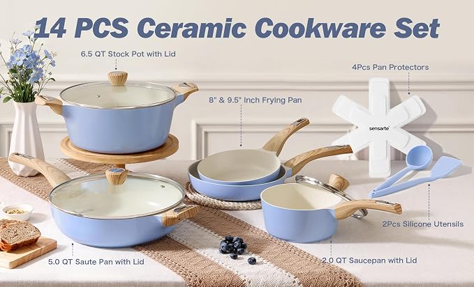 SENSARTE Ceramic Pots and Pans Set Nonstick, Kitchen Cookware Sets, 14-Piece Induction Cookware, Non-toxic Healthy Non Stick Cooking Set, with Frying Pans Set, PFAS PTFE PFOA PFOS Free
