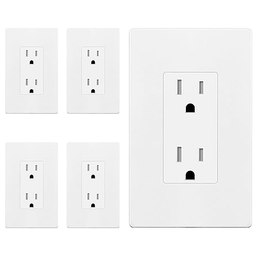 ENERLITES 5 Pack Matter White Decorator Receptacle with Screwless Wall Plate, Standard Electrical Wall Outlet, 15A 125V, Self-Grounding, 2-Pole, 3-Wire, 5-15R, UL Listed, Tamper Resistant
