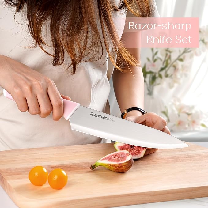 Astercook Knife Set, Kitchen Knives Set with Block and Sharpener 15 Pcs German Stainless Steel Knives Sharp Blade Dishwasher Safe Deba Knives with Ergonomic Handle, Crystal Pink Mothers Day Gifts