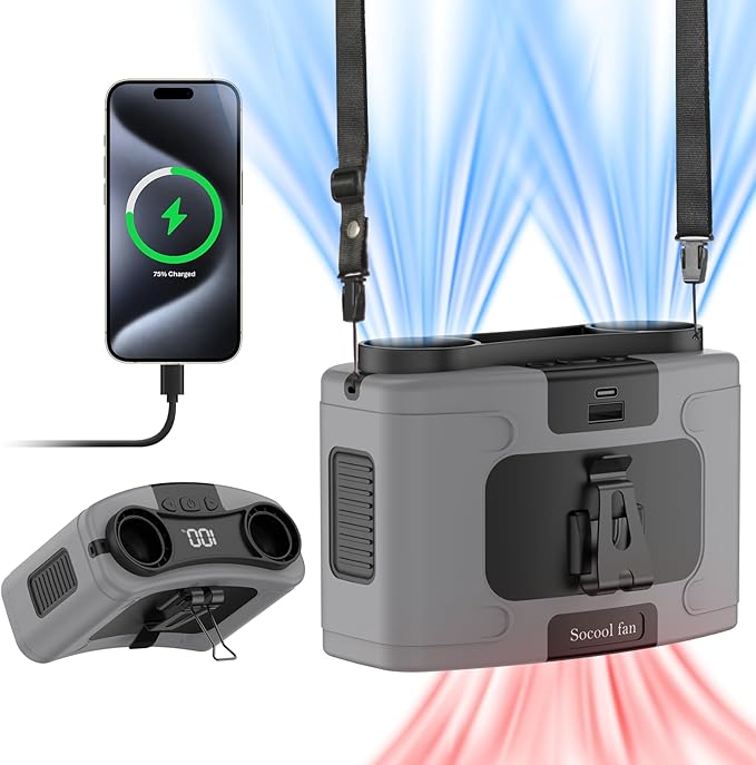 Socool 10000mAh Portable Waist Fan Clip on Wearable Belt Personal Fans Rechargeable Battery Operated, 20H Cooling with 10 Speeds & Dual Motors,Neck Hanging Hands-Free for Outdoor Travel Power Bank