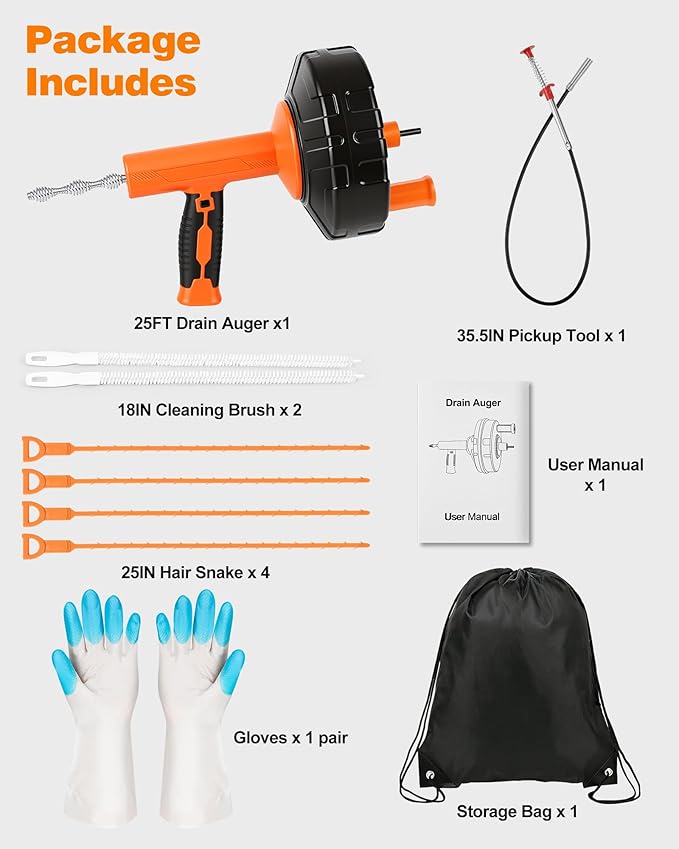 Drain Auger 25 ft, Auto Feed Plumbing Snake Hair Clog Remover with Drill Adapter, Heavy Duty Drain Cleaner Tool Kit with Gloves & Brush for Kitchen Sink Shower Bathtub Bathroom Toilet Clog Removal