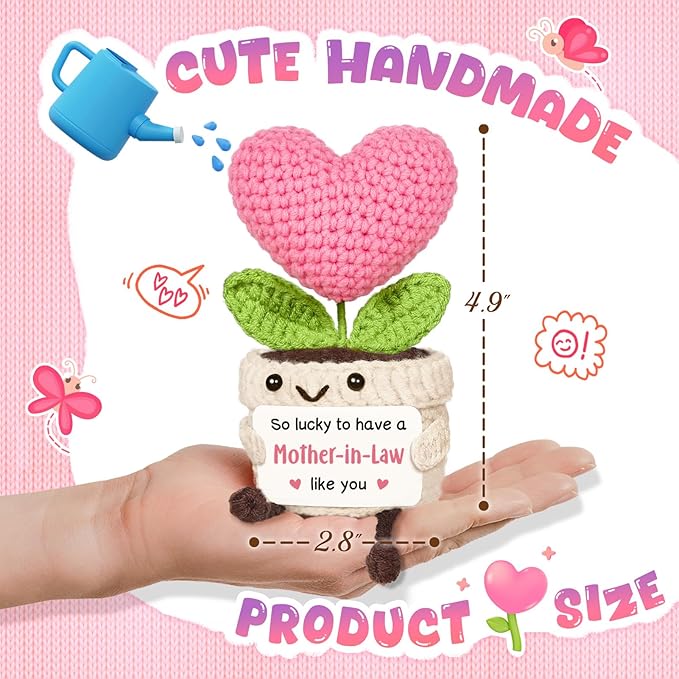 Gift for Mother in Law, Mother’s Day Birthday from Daughter Son, Thank Gifts for Moms Bonus, Cute Handmade Crochet Pink Heart Flower 4.9‘’