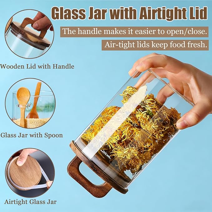 Coriario 24 OZ Glass Jar with Wooden Lid and Spoon Airtight Glass Candy Jars Wide Mouth Clear Glass Coffee Storage Canister Handle Lids for Food Sugar Cookie Tea Decorative