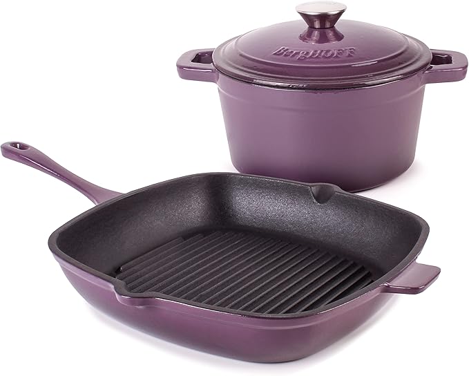 BergHOFF 3Pc Neo Enameled Cast Iron Cookware Set, 3qt. Dutch Oven, Matching Lid, Square Grill Pan 11 Inches, Oven Safe Up To 400°F, Purple