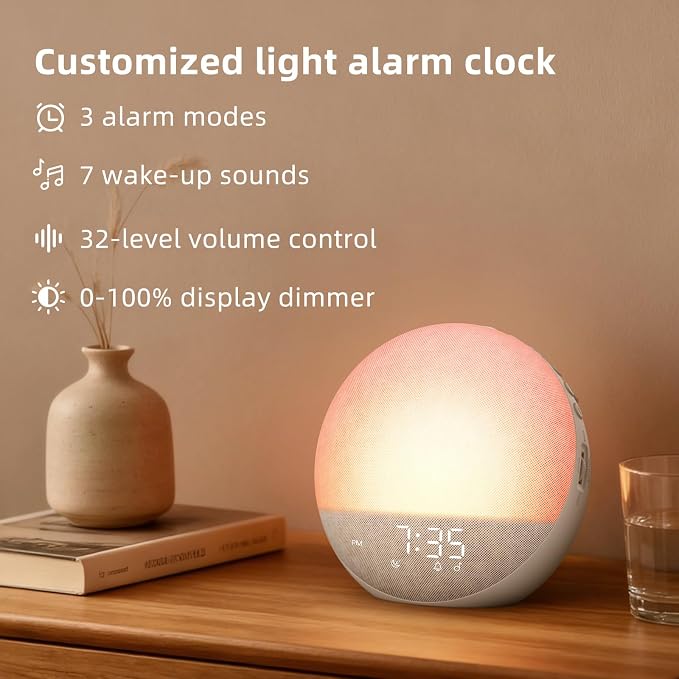 Sunrise Alarm Clock White Noise Machine: Natural Wake Up Light - Dimmable Clock with Bluetooth Speaker for Bedroom - 25 Sleep Sounds for Baby Adults Kids Putty