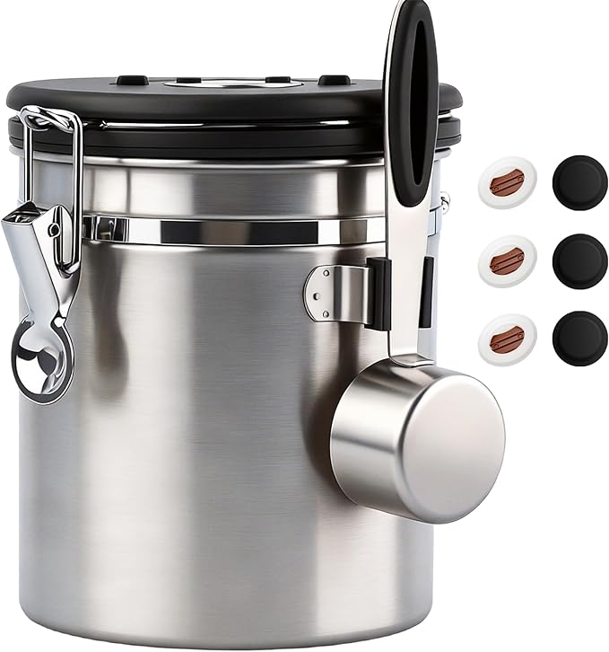 ShanSon Coffee Canister Airtight Coffee Container Stainless Steel Coffee Bean Storage Container with Scoop Coffee Canister for Beans Grounds Sugar Flour Tea Cereal,16OZ,Silver