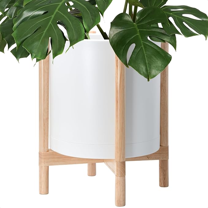 D'vine Dev Plastic Pot with Natural Wood Stand, White, 16 in, 55-C-Y-1 | Mid-Century Inspired Design, Elevated Plant Display, Clean Lines, Sturdy Support, Modern Space-Saving Style