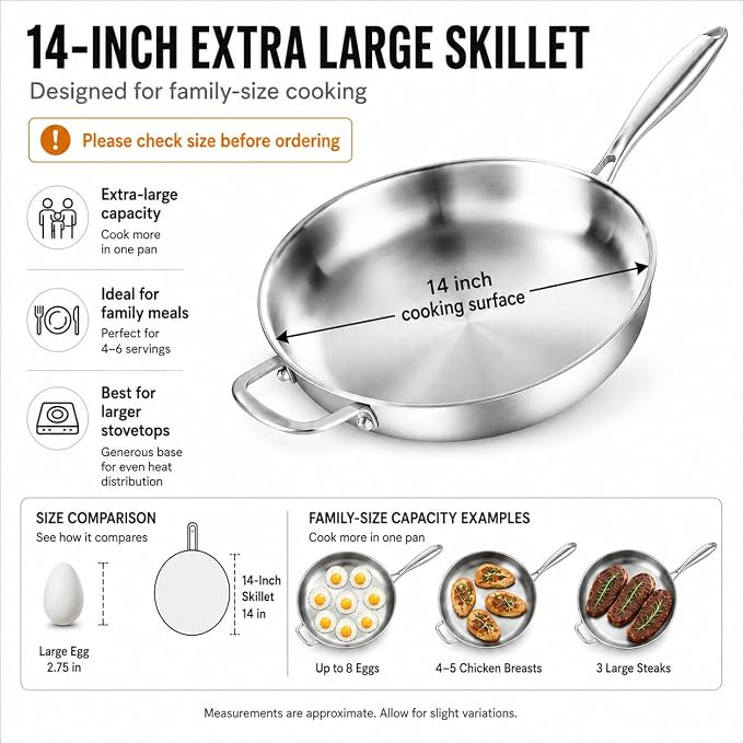 DELARLO Stainless Steel Pan 14-Inch Large Frying Pan with Lid | Heavy Duty Compatible with Induction up to 650℉ Fast & Even Heating Dishwasher Oven Safe Skillet