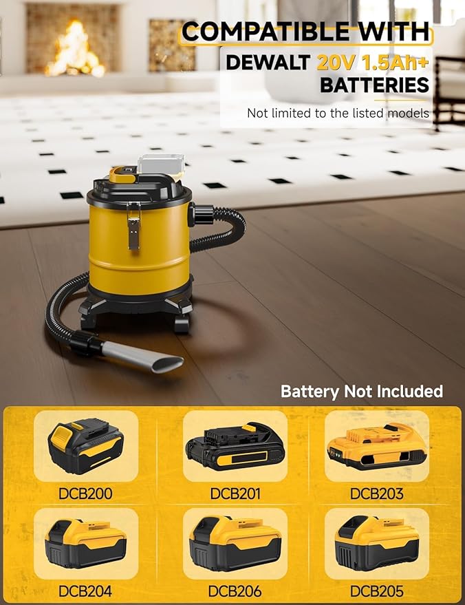 Cordless Ash Vacuum for Pellet Stoves, for DEWALT 20V Max Battery, Pellet Stove Vacuum Cleaner with 2 HEPA Filters, Powerful Suction, 4 Gallons & 4 Wheels, 38" Hose for Wood Fireplaces, BBQ Grills