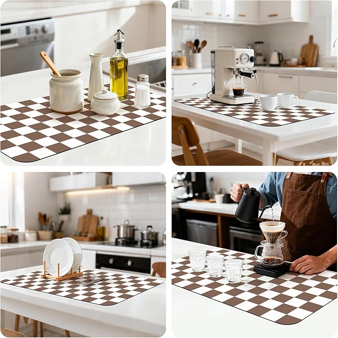 17" x 32" Checkered Dish Drying Mat for Kitchen Counter, Absorbent Coffee Bar Mat for Espresso Machine Coffee Countertops Accessories, Coffee Brown