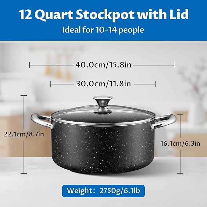 BEZIA 12 Quart Nonstick Stock Pot with Lid, Induction Cooking Pot for Soup | Oven & Dishwasher Safe, Effortless Food Release, for Big Batch Bolognese, Boiling Holiday Potatoes, and Large Family Reunions