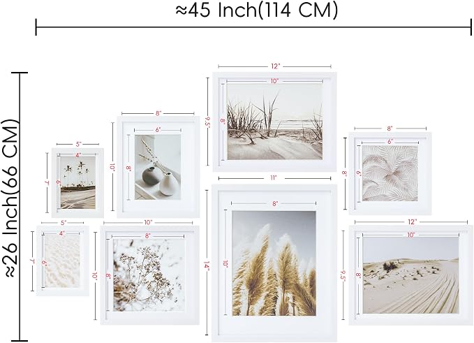 ArtbyHannah Gallery Wall Frame Set, 8 Pack Picture Frames Collage Wall Decor with Neutral Pampas Grass Art for Living Room, Assorted Size Including 11"x14", 8"x10", 5"x7"(White Frame)