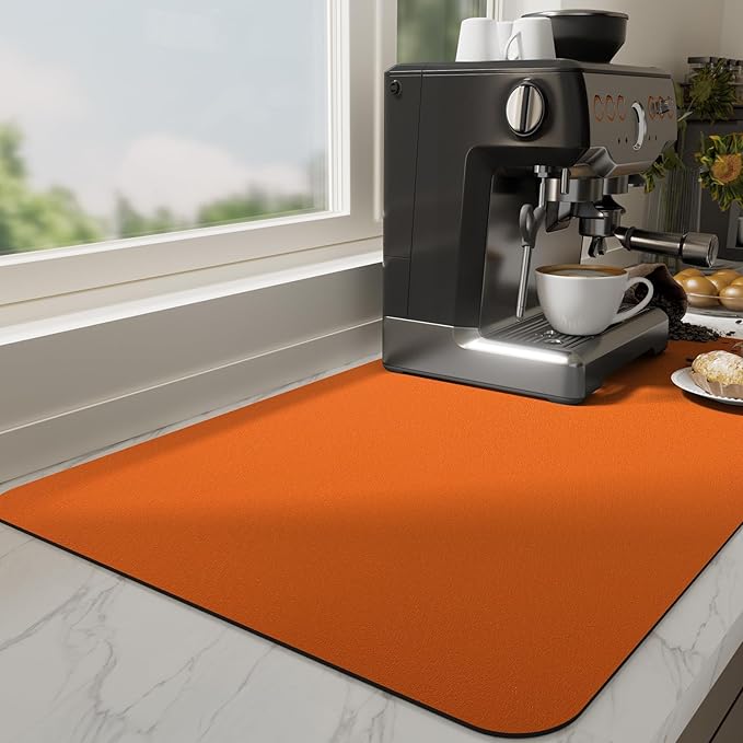 Ecotrim Absorbent Coffee Mat , Stain Hiding PU Leather Surface, Non-Slip Natural Rubber Backing, Quick Dry Mat for Espresso Machine, Kitchen Counter ,Orange | 16" x 24"